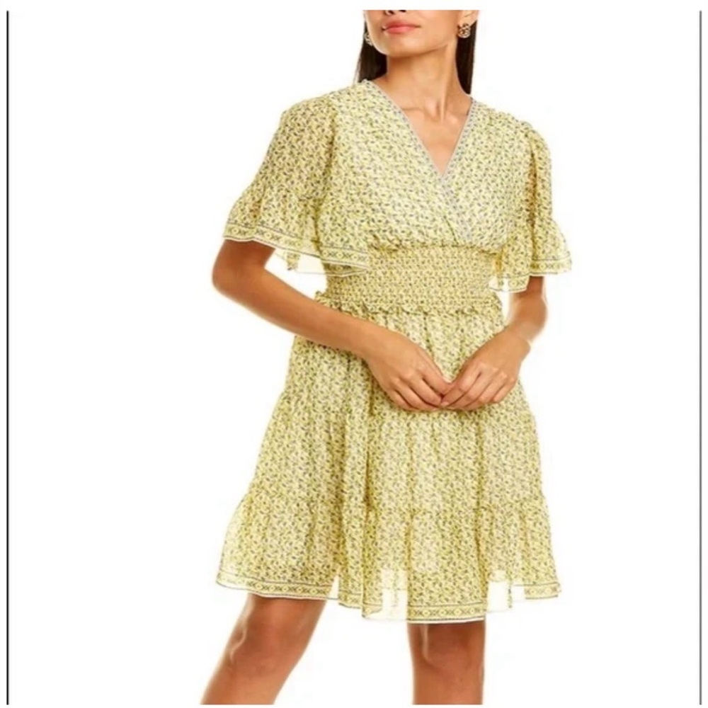 Max Studio Yellow Floral V-Neck Smocked Mini Dress size S